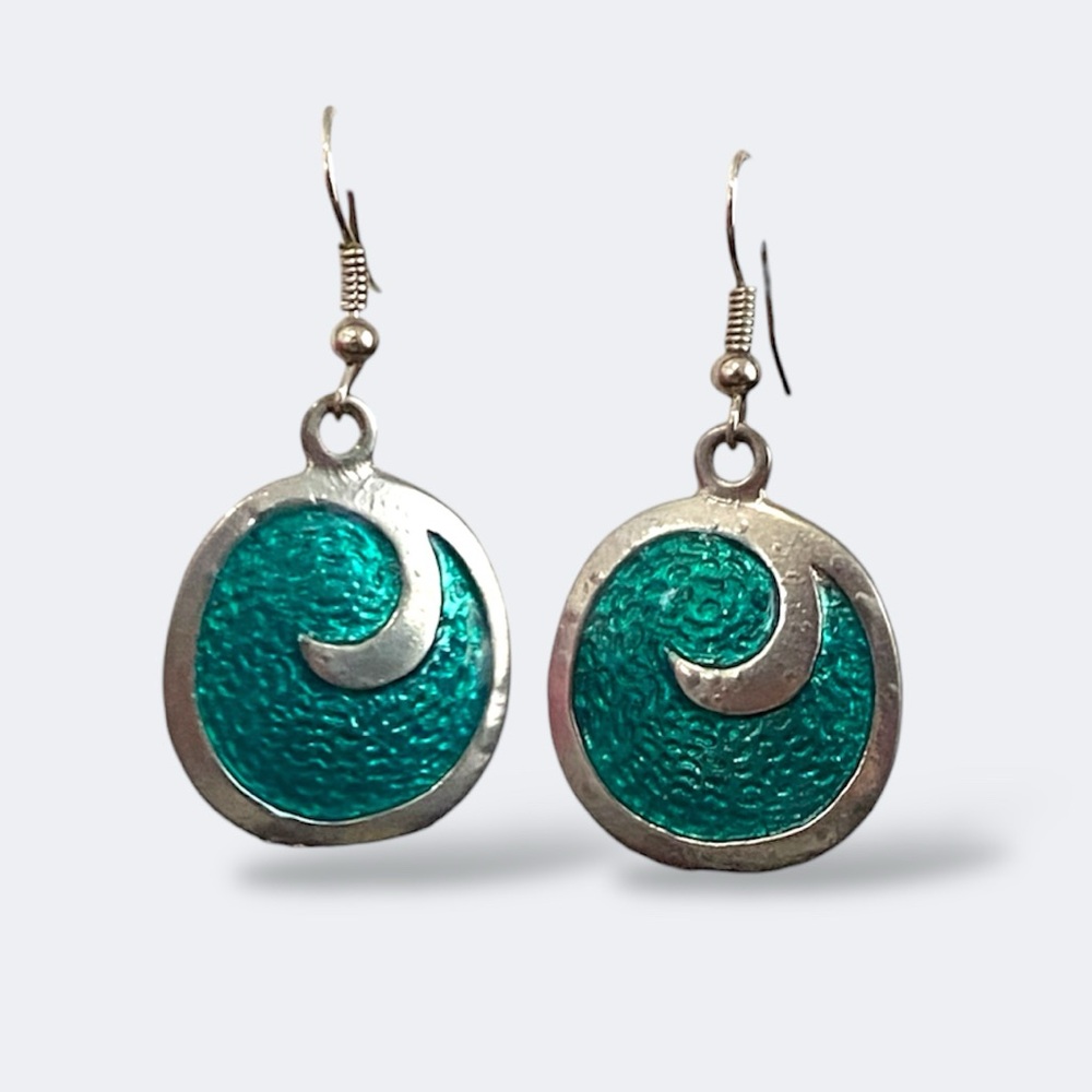 Teal Enamel Wave Swirl Dangle Earrings Silver Tone Boho Summer Beach Coastal - Picture 6 of 12
